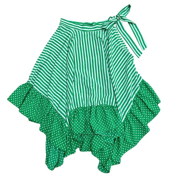Topshop white and green polka dots and stripes asymmetrical ruffle midi skirt - Picture 7 of 10